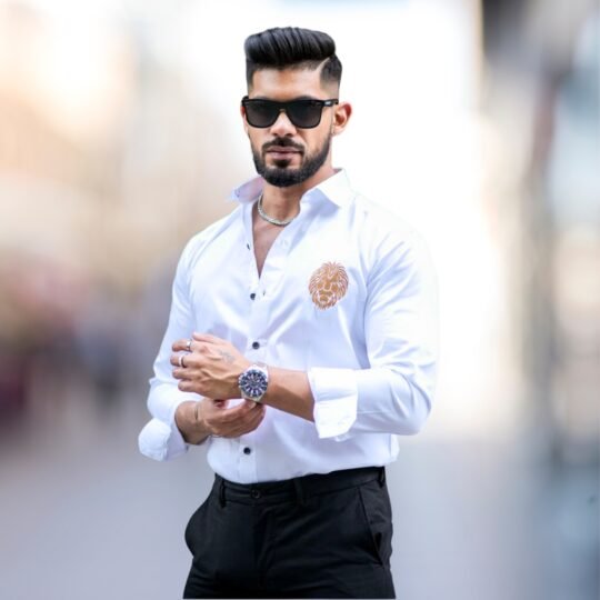 Embroidered Satin Long Sleeve Casual Men’s Shirt – White