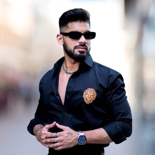 Embroidered Satin Men’s Casual Long Sleeve Shirt – Black