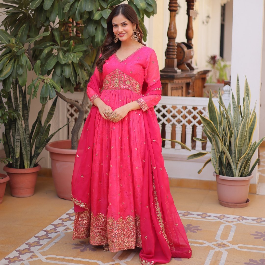 Pink Embroidery Printed Gown With V Neck