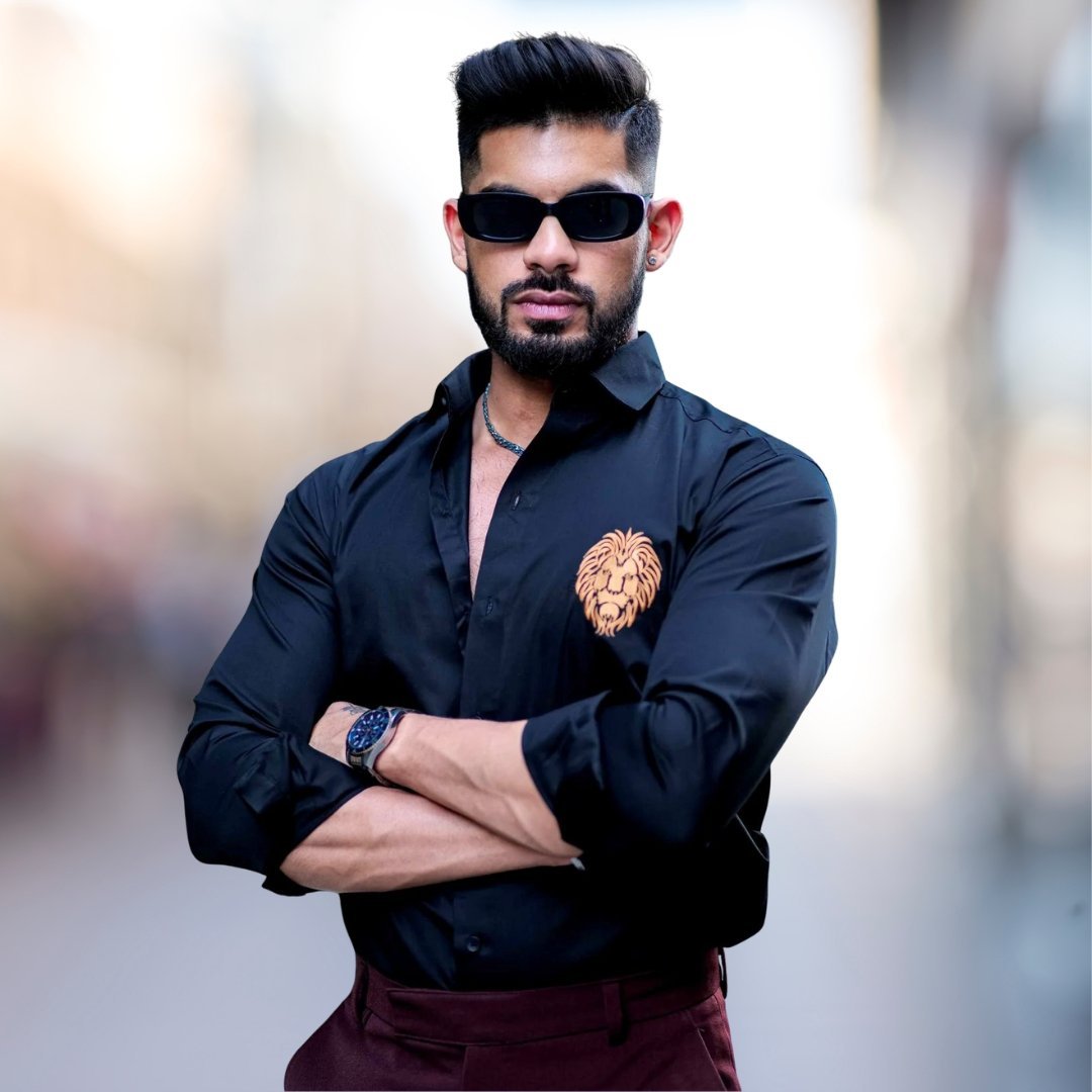 Embroidered Satin Men's Casual Long Sleeve Shirt - Black - Image 2