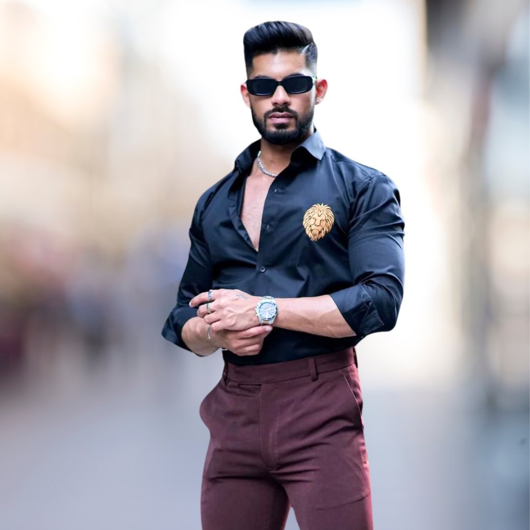 Embroidered Satin Men's Casual Long Sleeve Shirt - Black - Image 3