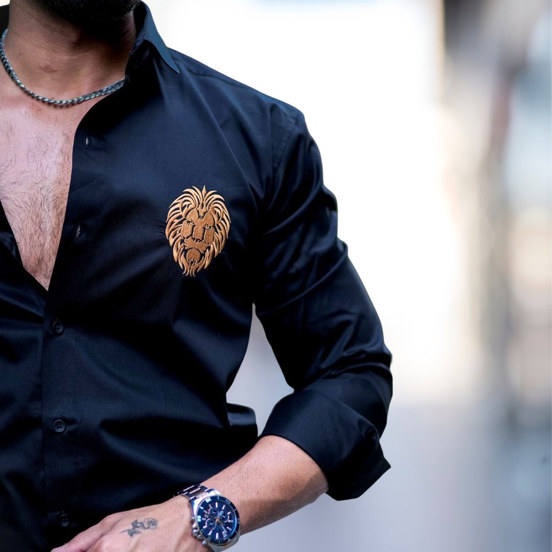 Embroidered Satin Men's Casual Long Sleeve Shirt - Black - Image 4